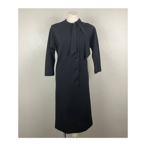 Vintage Kimberly 60s Black Wool Dress Womens S/M Classy Sheath Neck Tie LBD